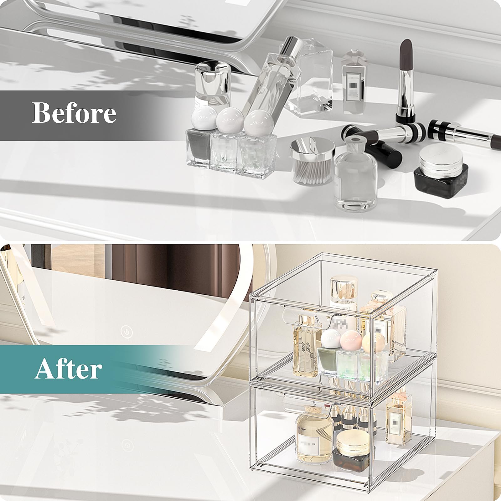 SpaceHacks drawers stacked vertically on shelf showing space-saving benefit