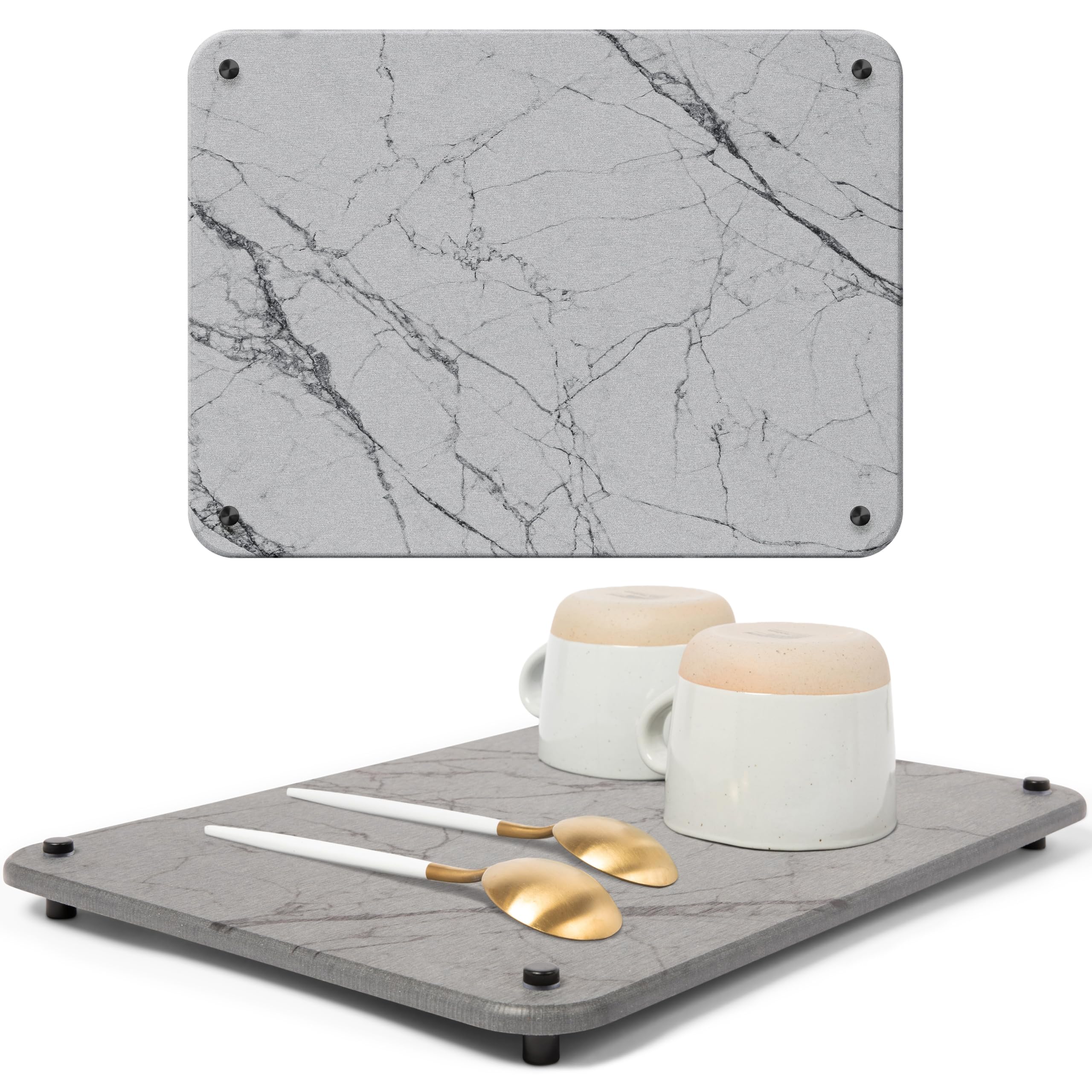 Spaceneat front view showing gray marble finish and compact dish mat benefit