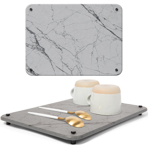 Spaceneat front view showing gray marble finish and compact dish mat benefit