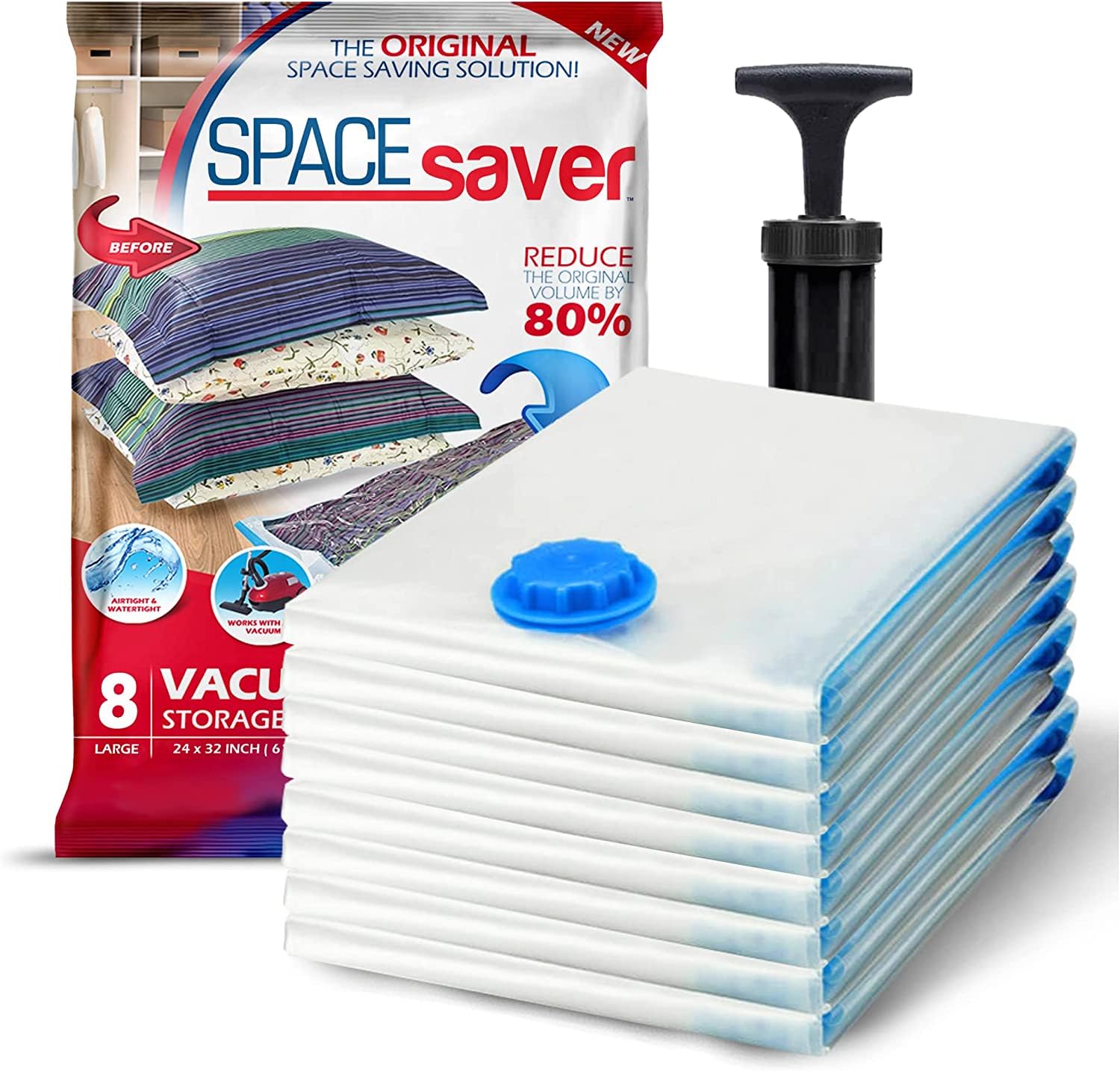 Spacesaver front packaging showing full 8-pack and included pump for easy organization