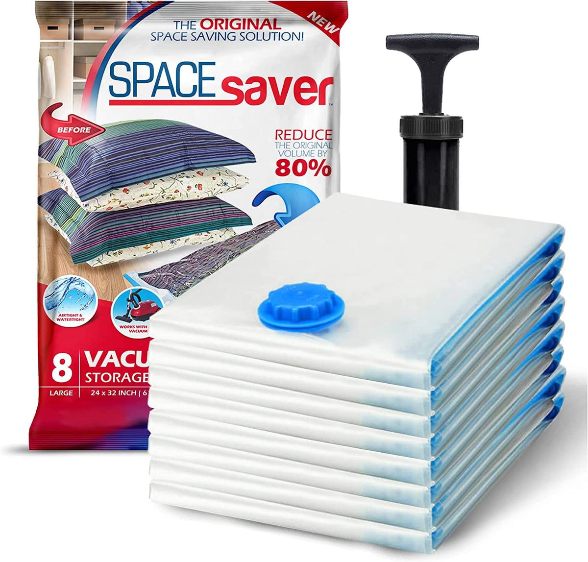 Spacesaver front packaging showing full 8-pack and included pump for easy organization