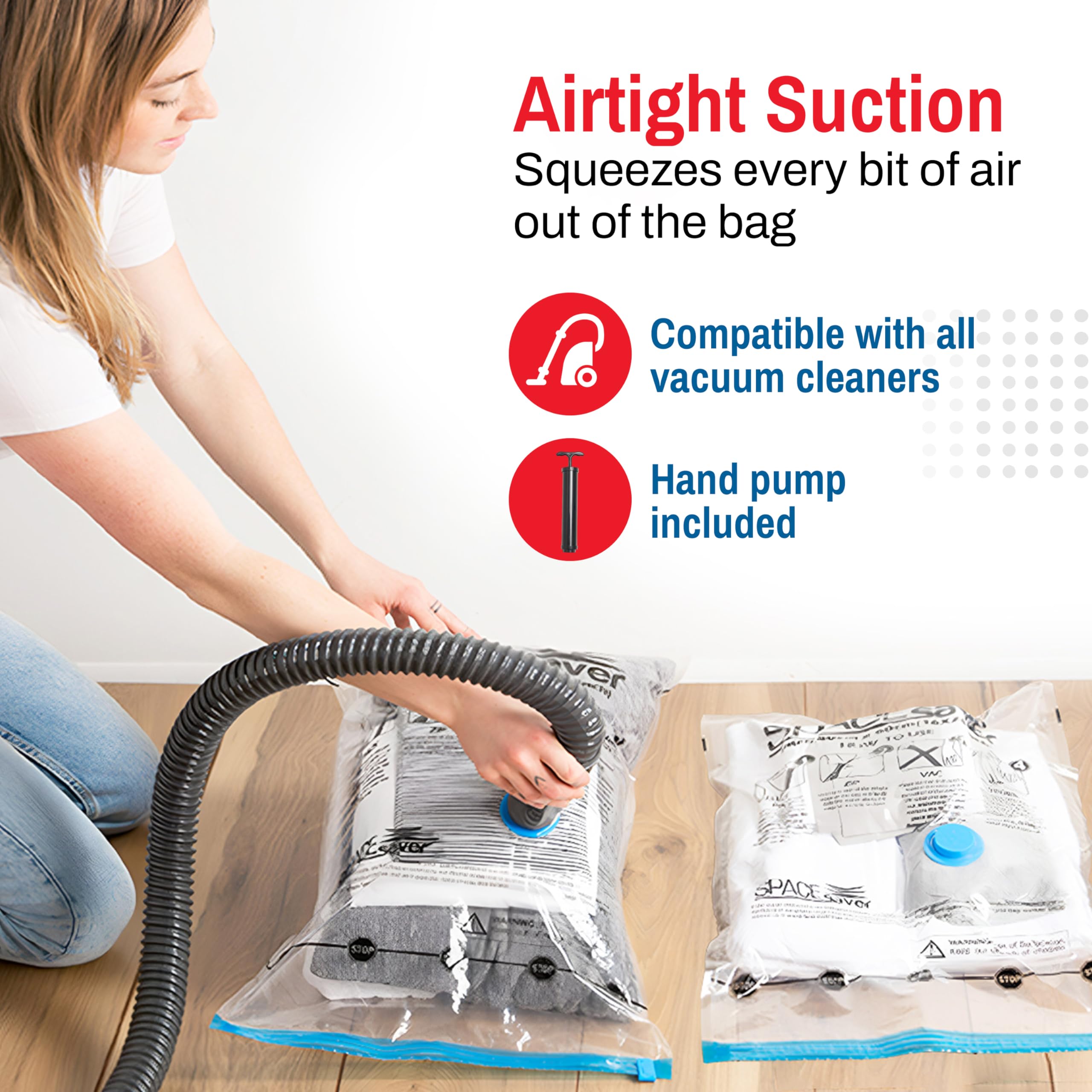 Spacesaver hand pump in use removing air quickly for convenient travel packing