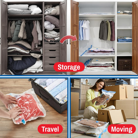 Spacesaver bedroom scene with compressed bedding organized under bed for neatness