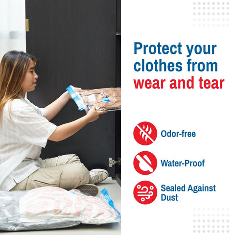 Spacesaver stacked compressed bags inside closet maximizing shelf and floor space