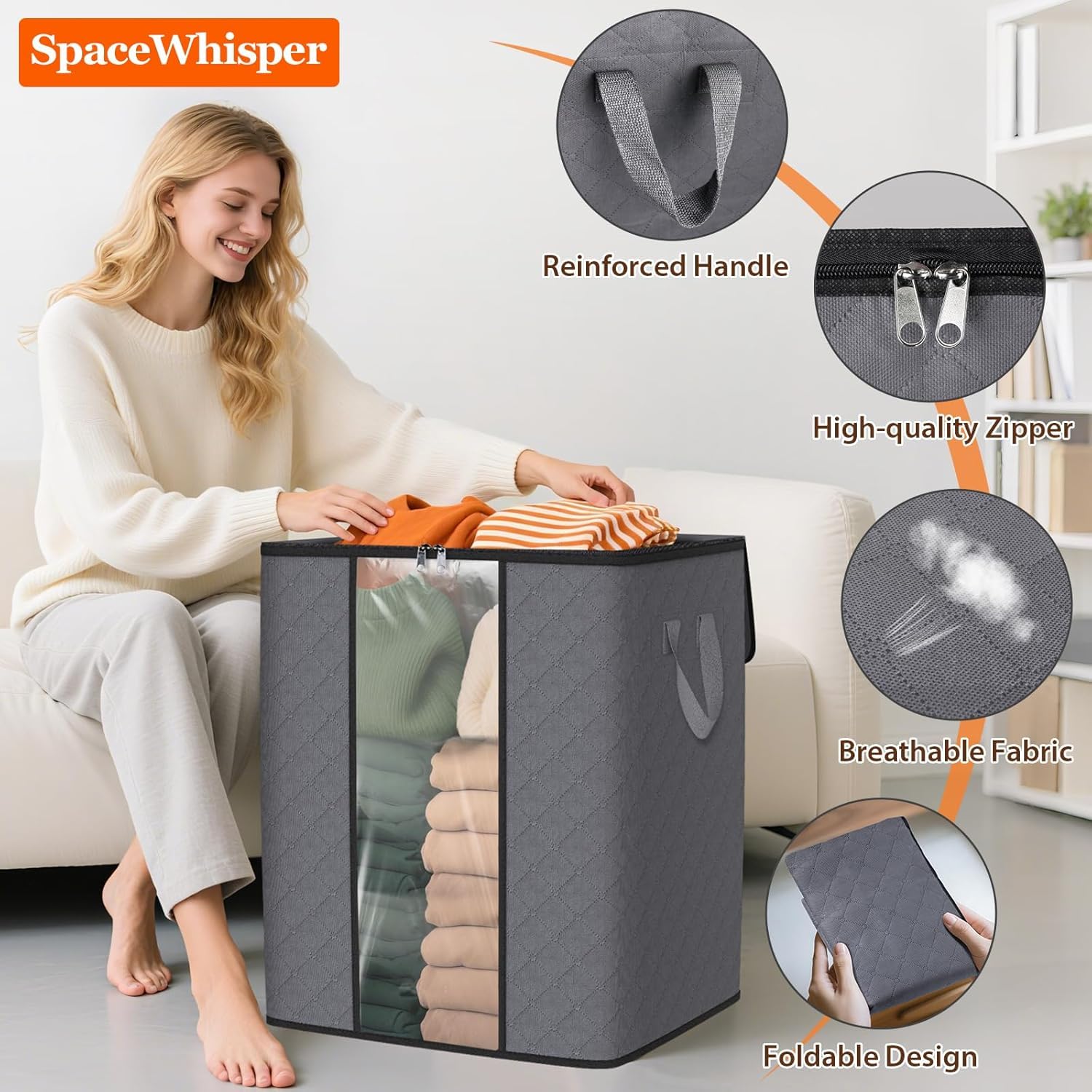 SpaceWhisper handle and reinforced stitching detail showing durable carry benefit