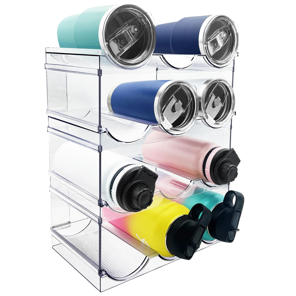 Spaclear front view showing four stacked organizers and tidy bottles for compact storage