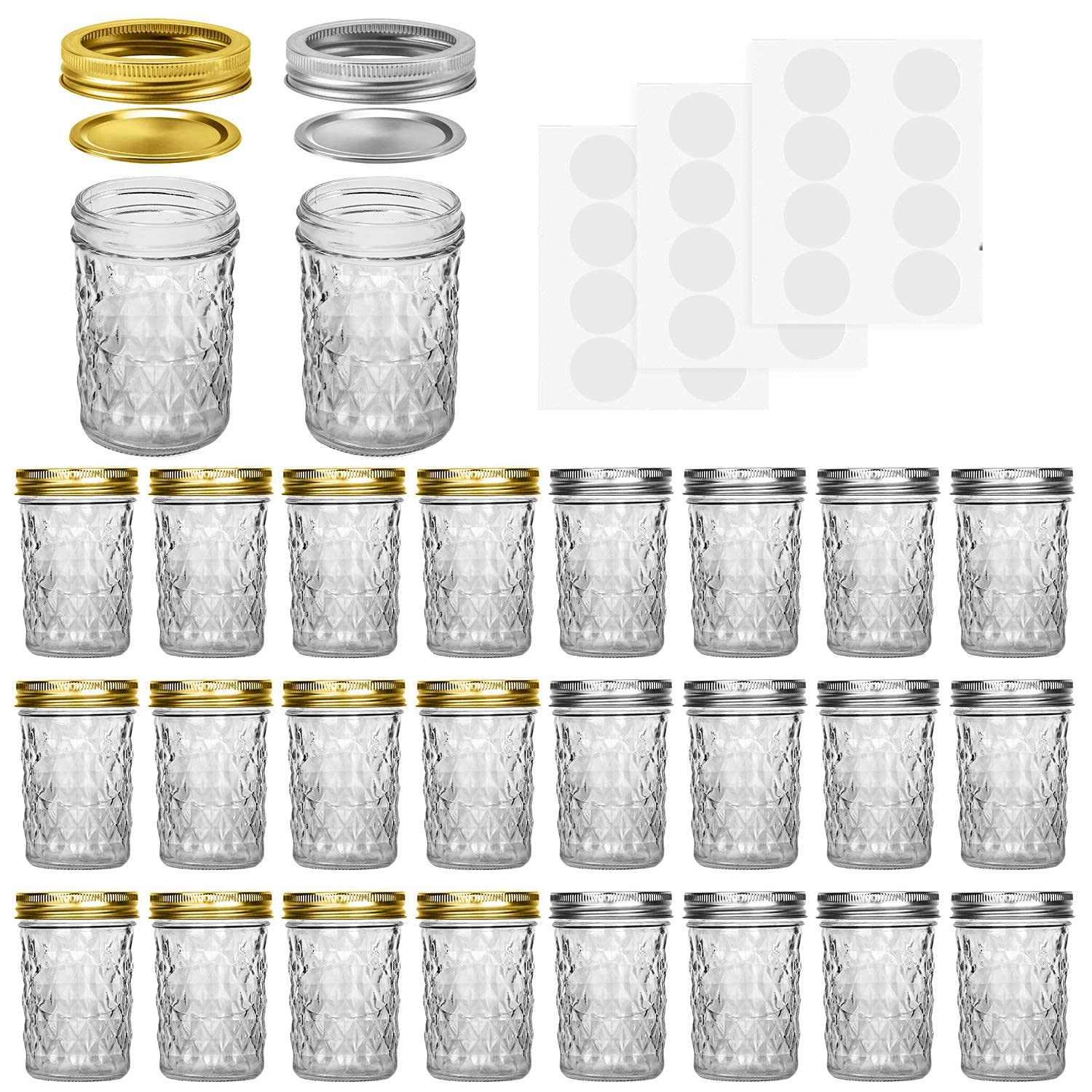 SPANLA front view of 24-pack mason jars showing included lids and labels, organized storage benefit