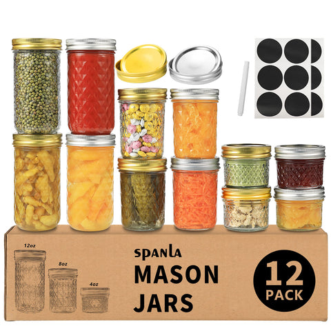 SPANLA front packaging showing full 12-piece mason jar set and lids, easy identification benefit