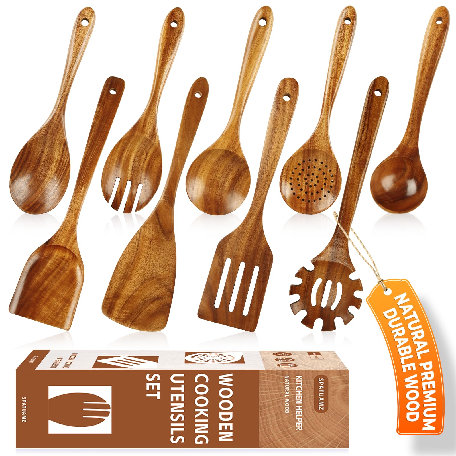 SPATUAMZ front packaging showing nine-piece teak utensil set protecting pans
