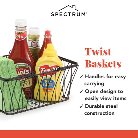 Spectrum basket on bathroom shelf with towels and toiletries for neat storage benefit