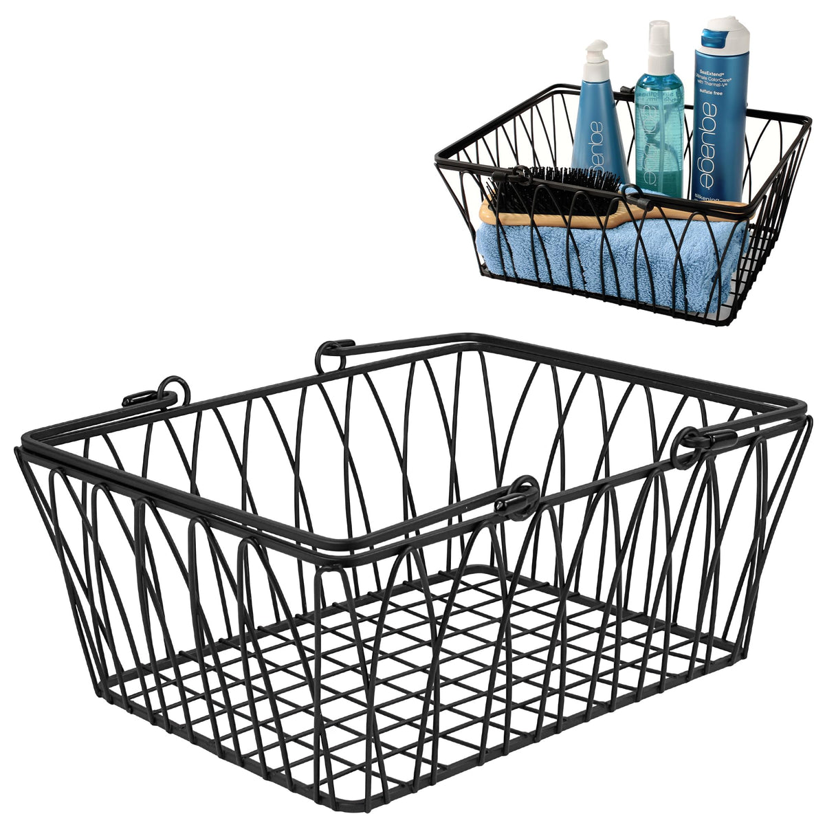 Spectrum black twist wire basket front view showing sturdy farmhouse design and open visibility