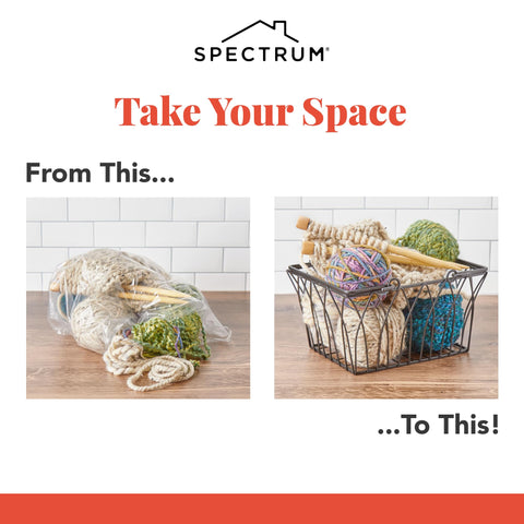 Spectrum basket next to ruler to show 11x10x5.25 inches scale for accurate sizing