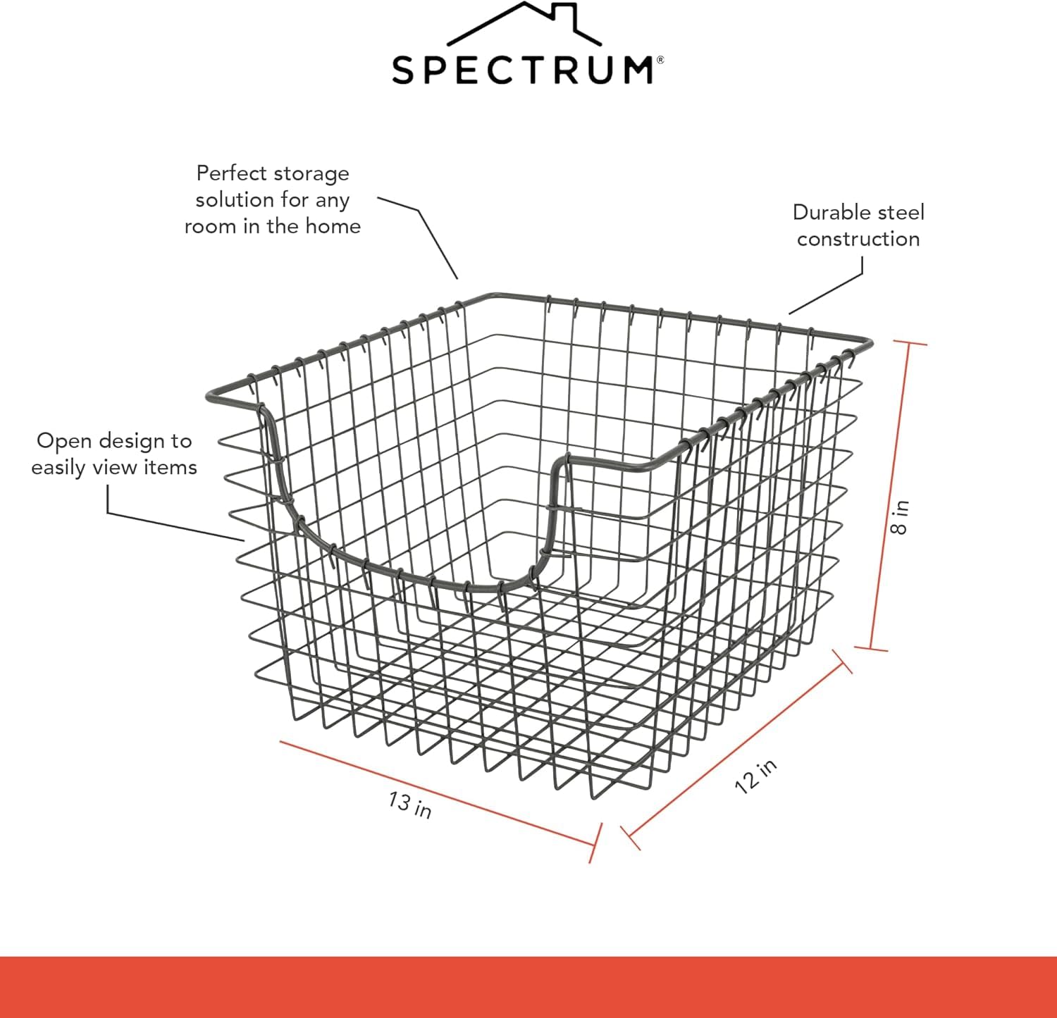 Spectrum basket next to a ruler showing 13x12x8 size and shelving fit benefit