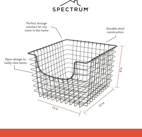 Spectrum basket next to a ruler showing 13x12x8 size and shelving fit benefit