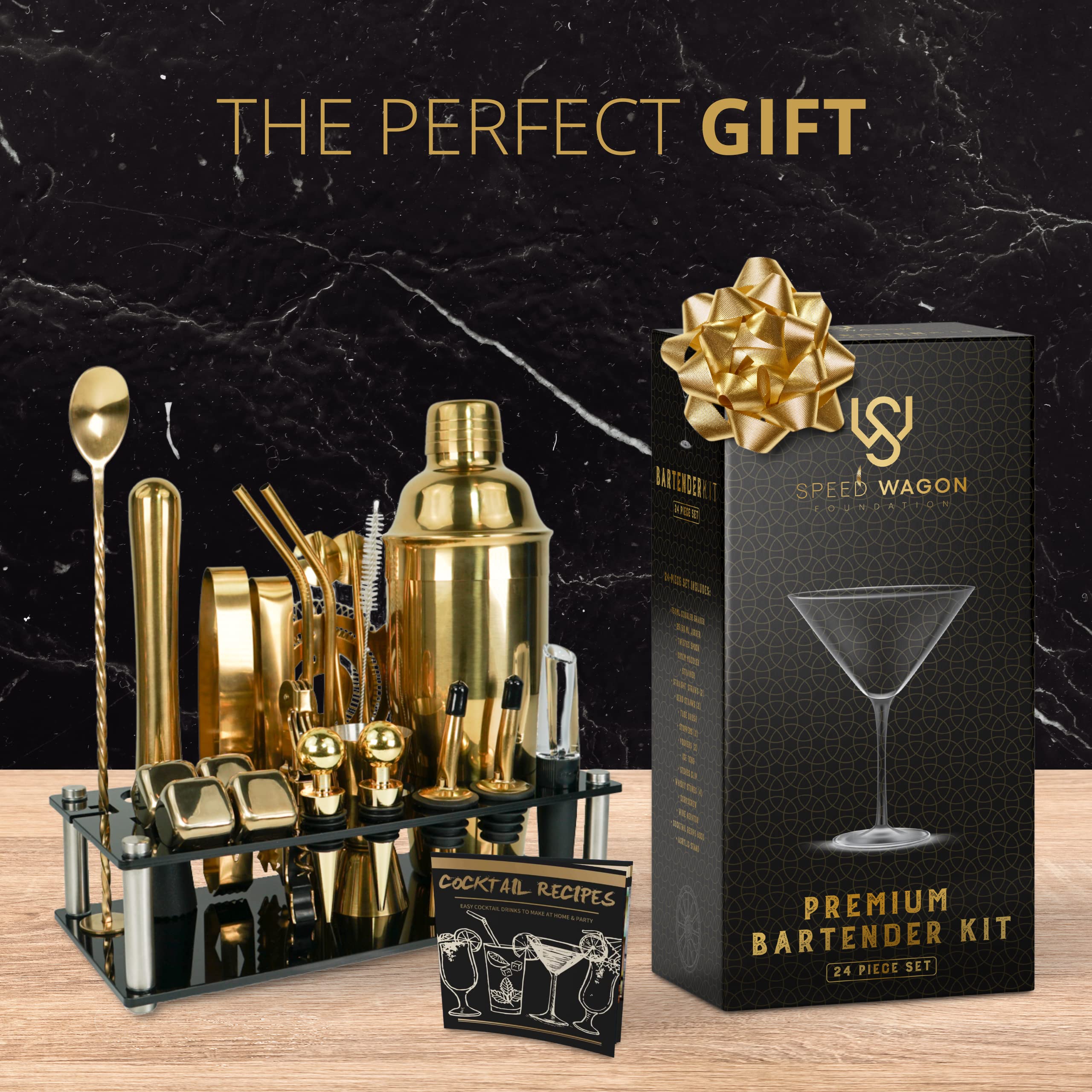 Speed Wagon Foundation recipe booklet and lifestyle bar setting for easy entertaining guidance