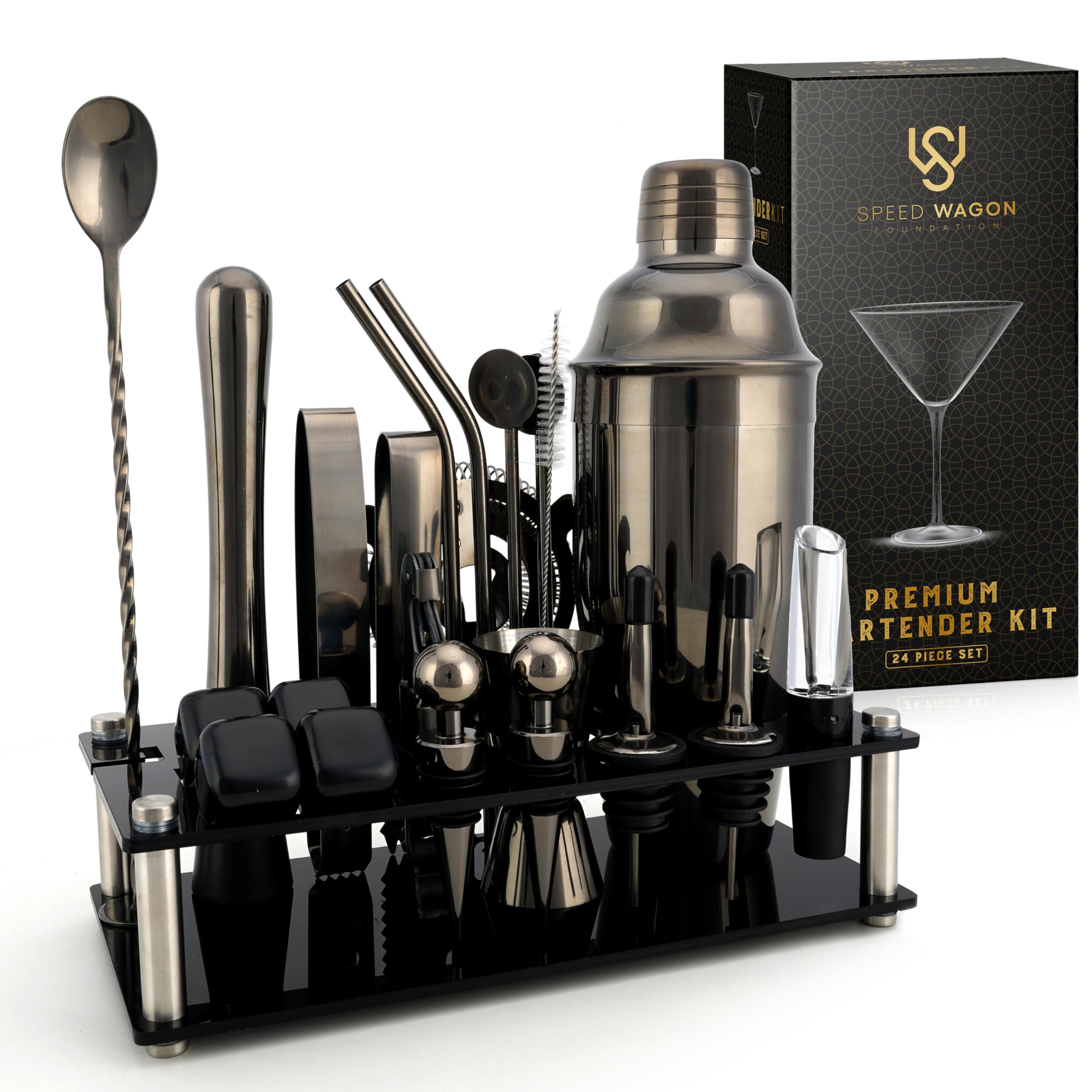 Speed Wagon gun metal shaker front view showing sleek finish and easy grip