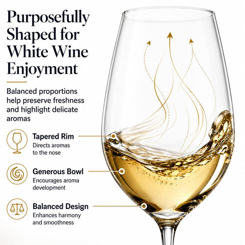 Spiegelau glass filled with Sauvignon Blanc showcasing clarity and color contrast
