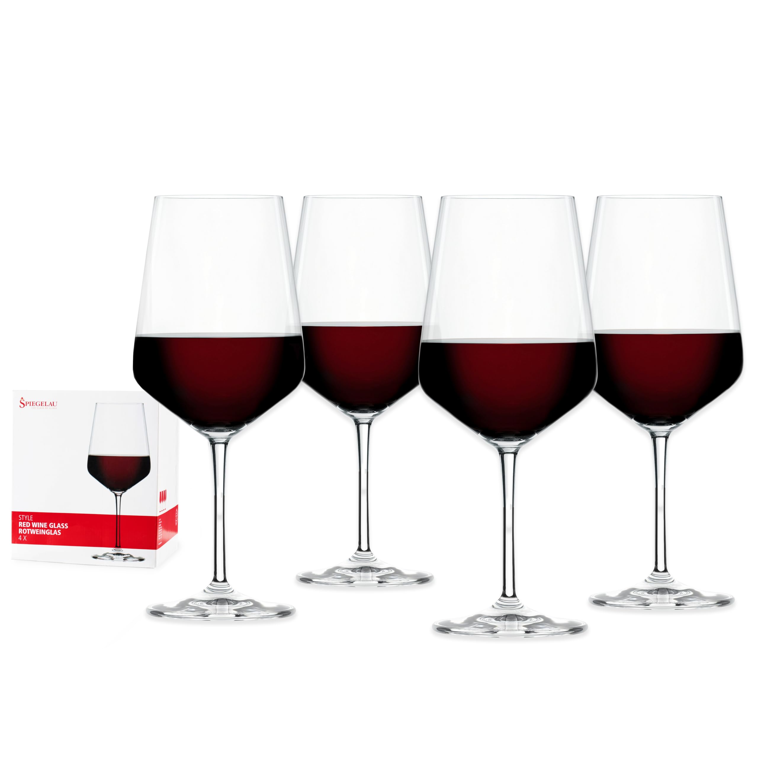 Spiegelau style front view showing four stemmed crystal glasses, elegant presentation