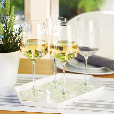 Spiegelau glasses styled on bar cart adding polished decor benefit