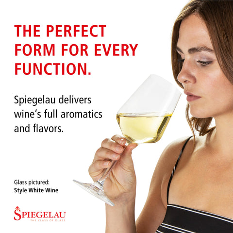Spiegelau style filled with red wine to demonstrate volume and color clarity benefits