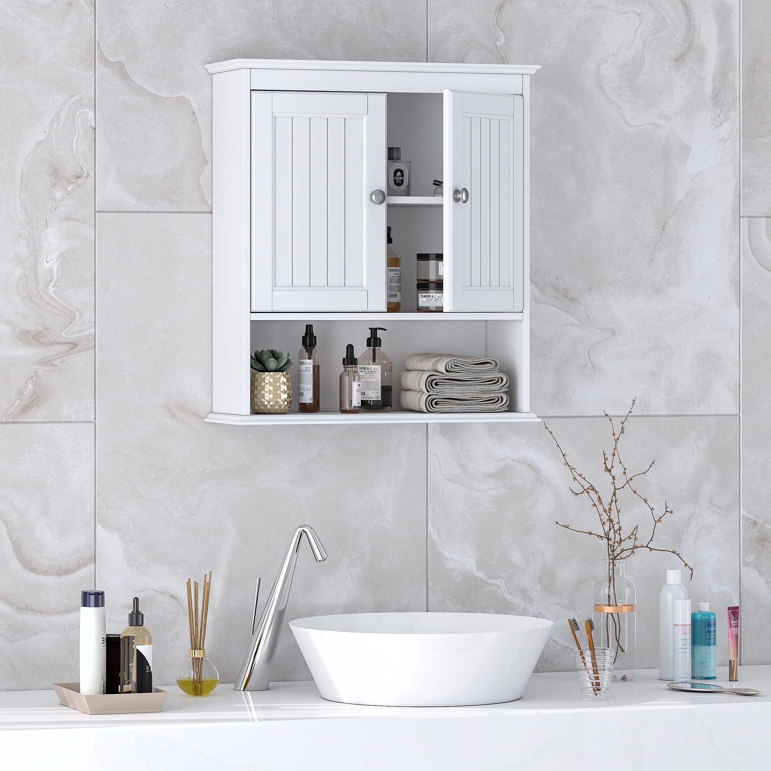 Spirich cabinet mounted over toilet in bathroom demonstrating organized vertical storage