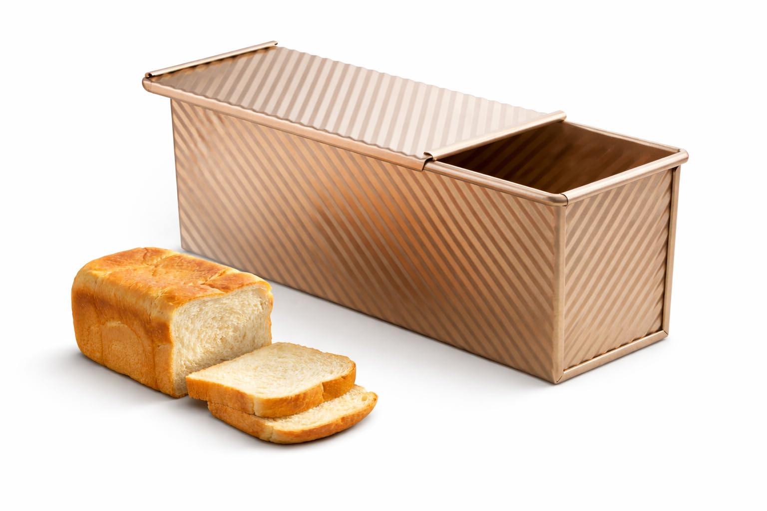 Spmarkt pullman loaf pan front view showing gold finish and nonstick benefit