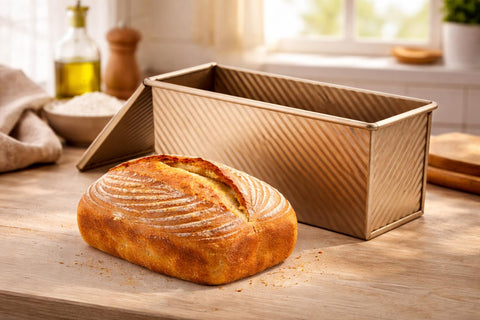 Spmarkt pullman pan with lid closed demonstrating square loaf shaping benefit