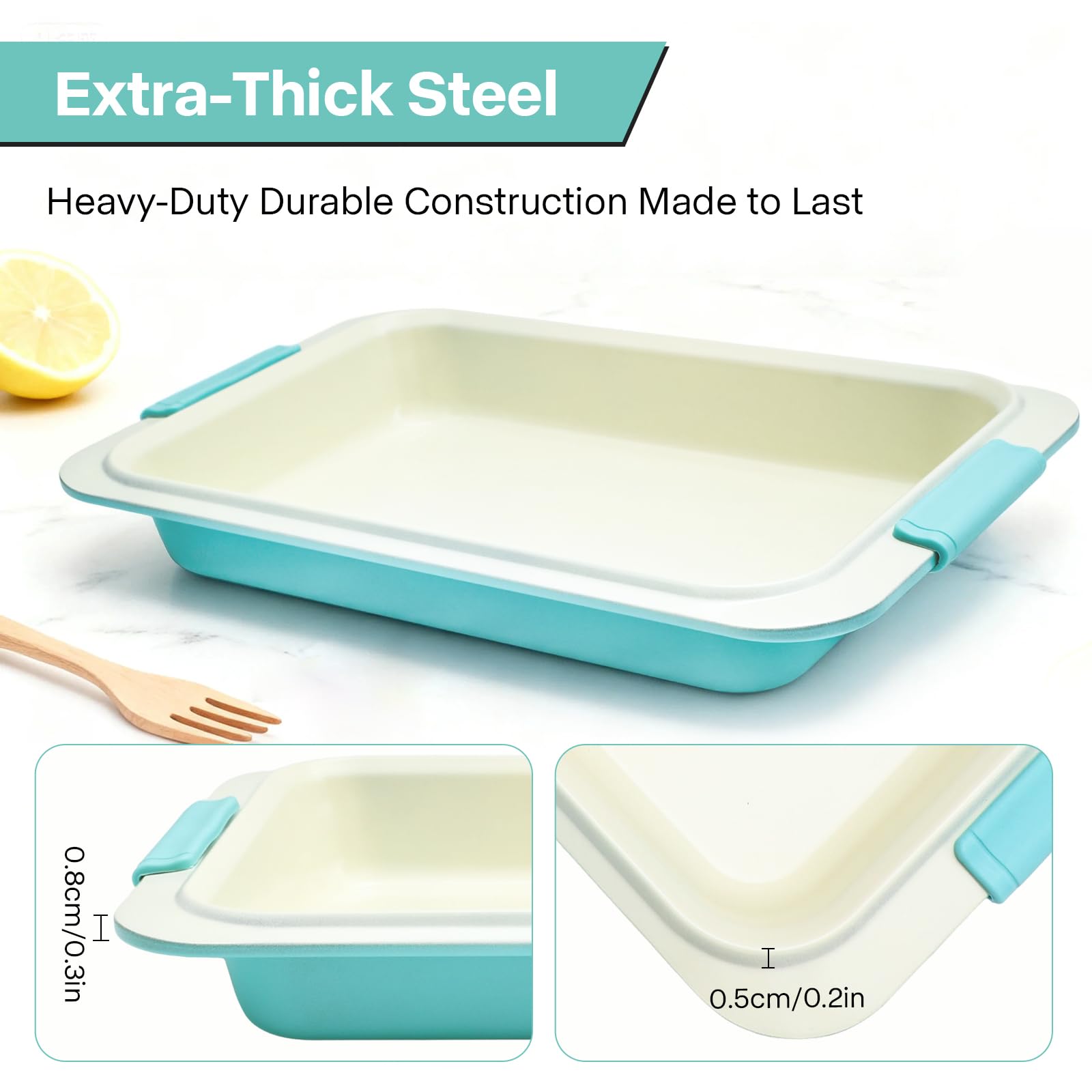 Spmarkt pan next to fork and ruler showing 13x9 size for recipe fit
