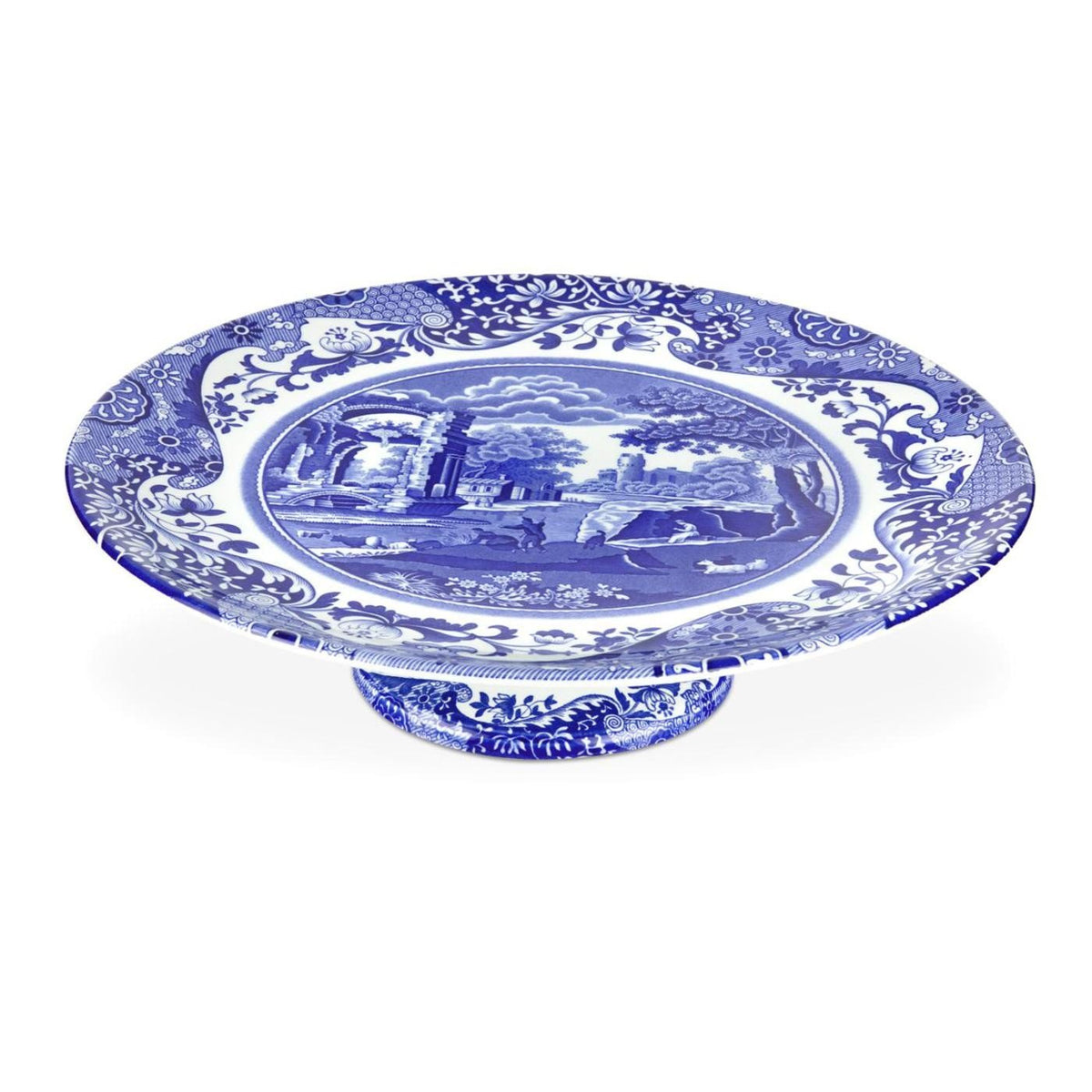 Spode Blue Italian cake stand front view enhances dessert presentation