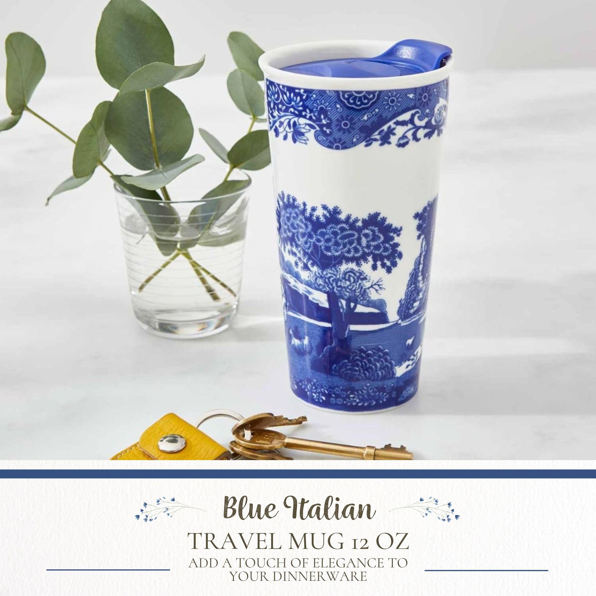 Spode Blue Italian close-up of countryside pattern and Imari border, detailed craftsmanship
