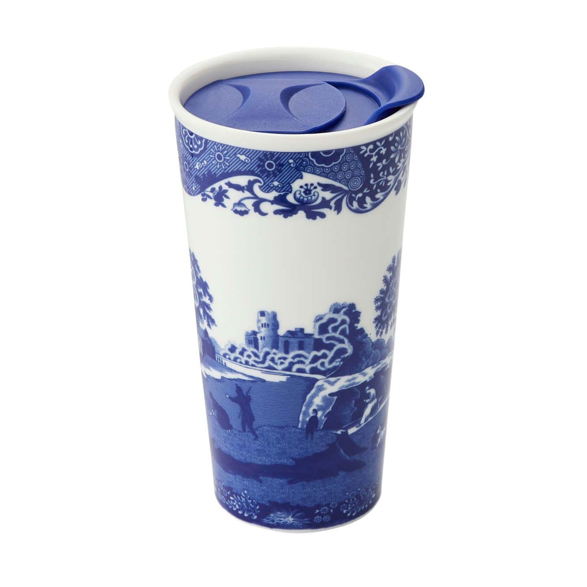 Spode Blue Italian travel mug front view showing pattern and shape, elegant portability