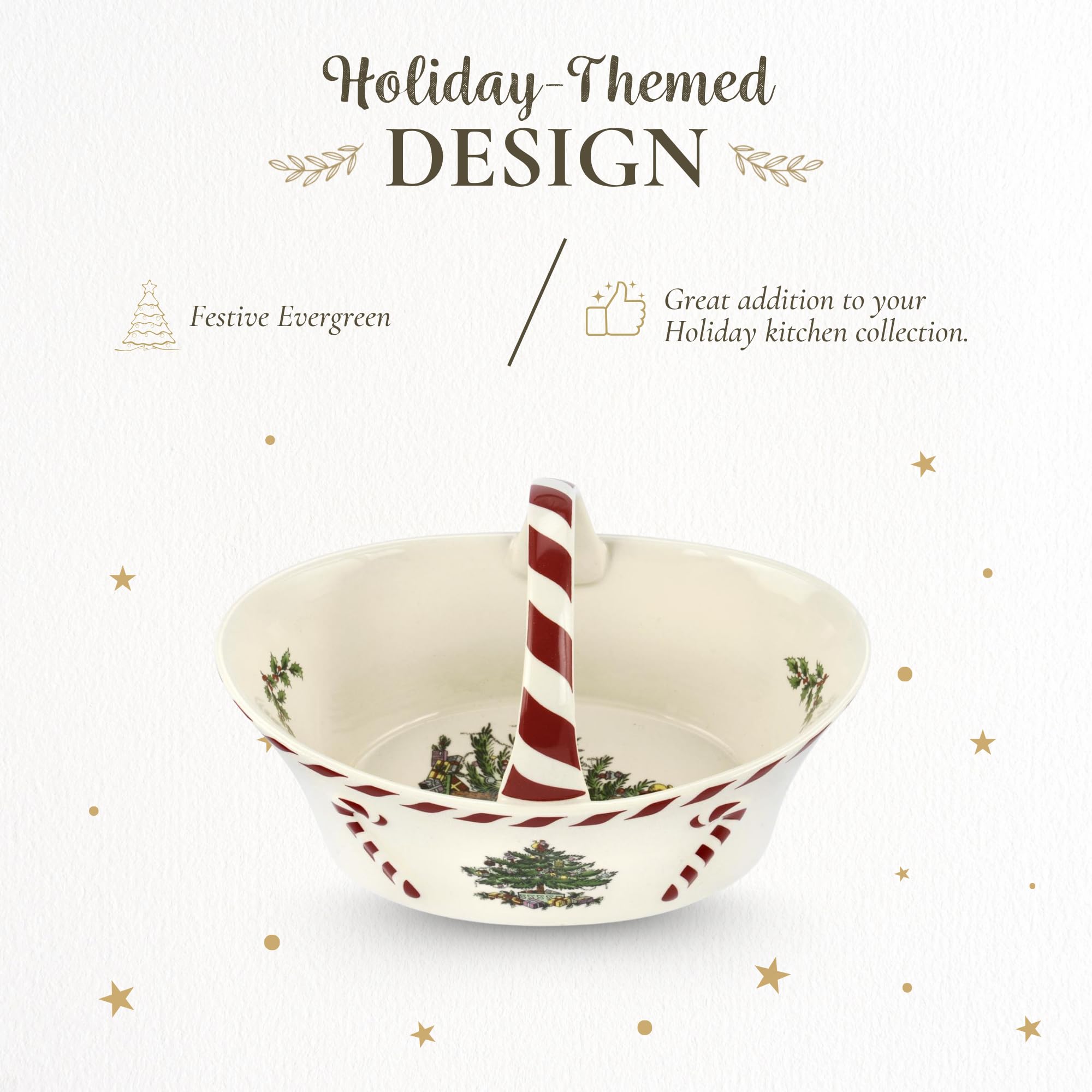 Spode pattern close-up highlighting Christmas Tree motif and peppermint stripe for coordinated tabletop