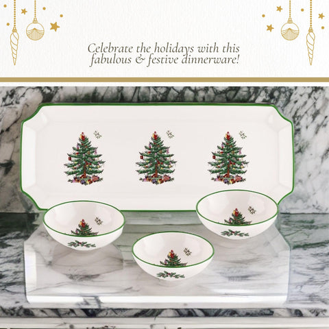 Spode three bowls arranged on tray demonstrating organized condiment display