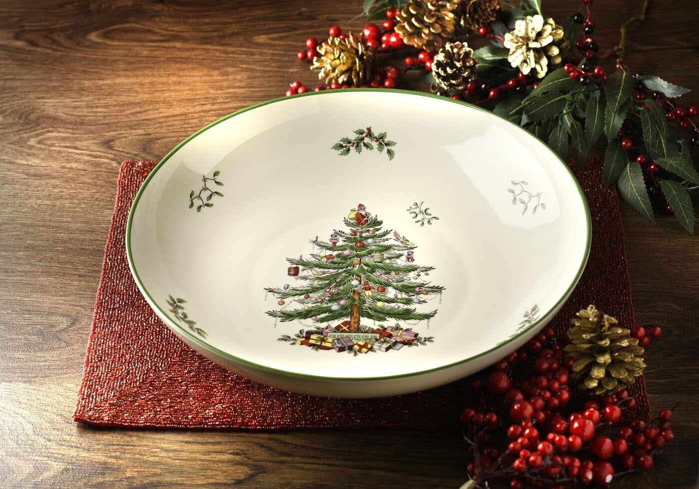 Spode porcelain close-up of Christmas Tree pattern highlighting detailed design