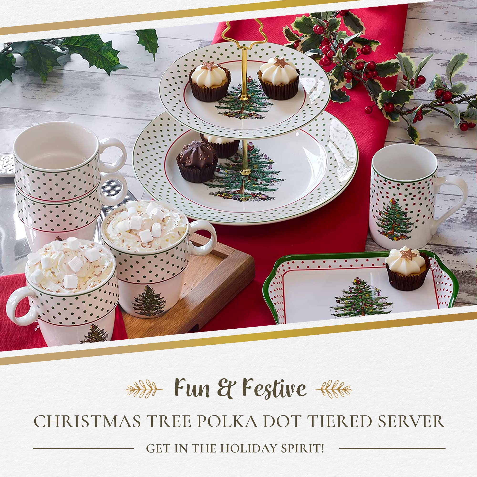 Spode close-up of Christmas Tree and polka-dot border highlighting decorative detail