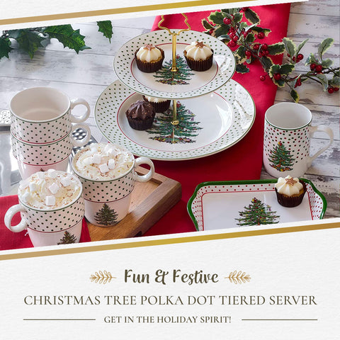 Spode close-up of Christmas Tree and polka-dot border highlighting decorative detail