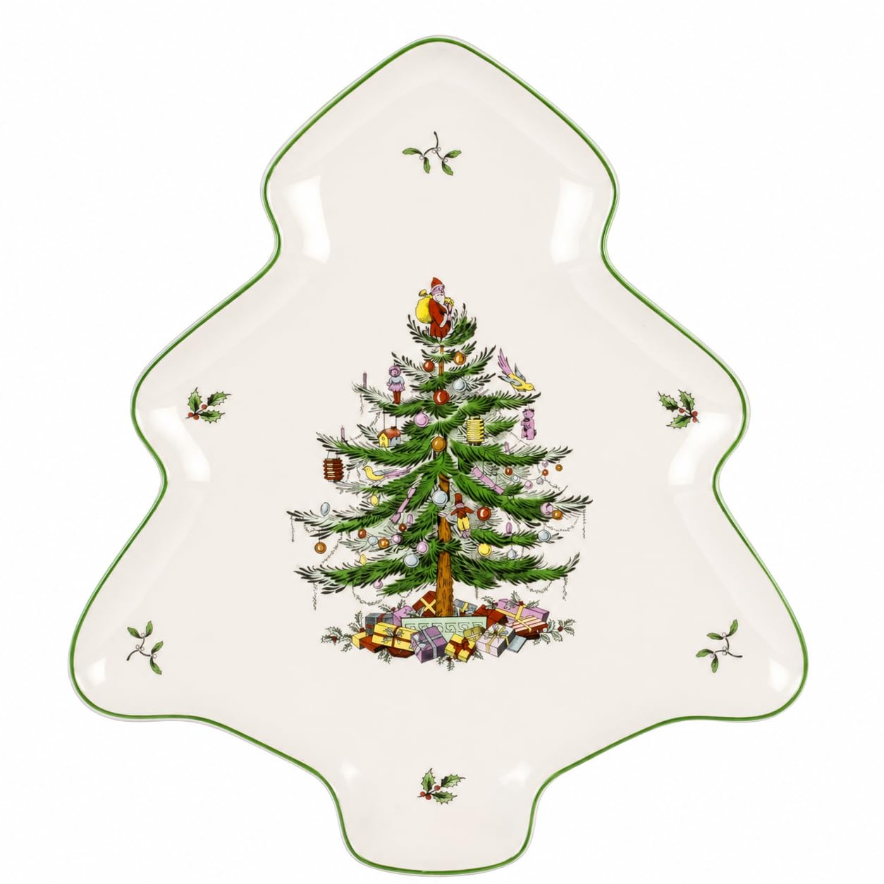 Spode front view of tree-shaped platter showing classic green motif and festive appeal