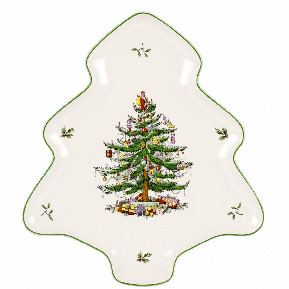 Spode front view of tree-shaped platter showing classic green motif and festive appeal