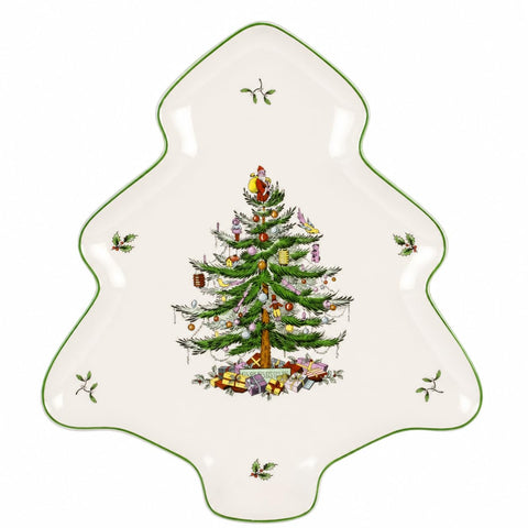 Spode front view of tree-shaped platter showing classic green motif and festive appeal