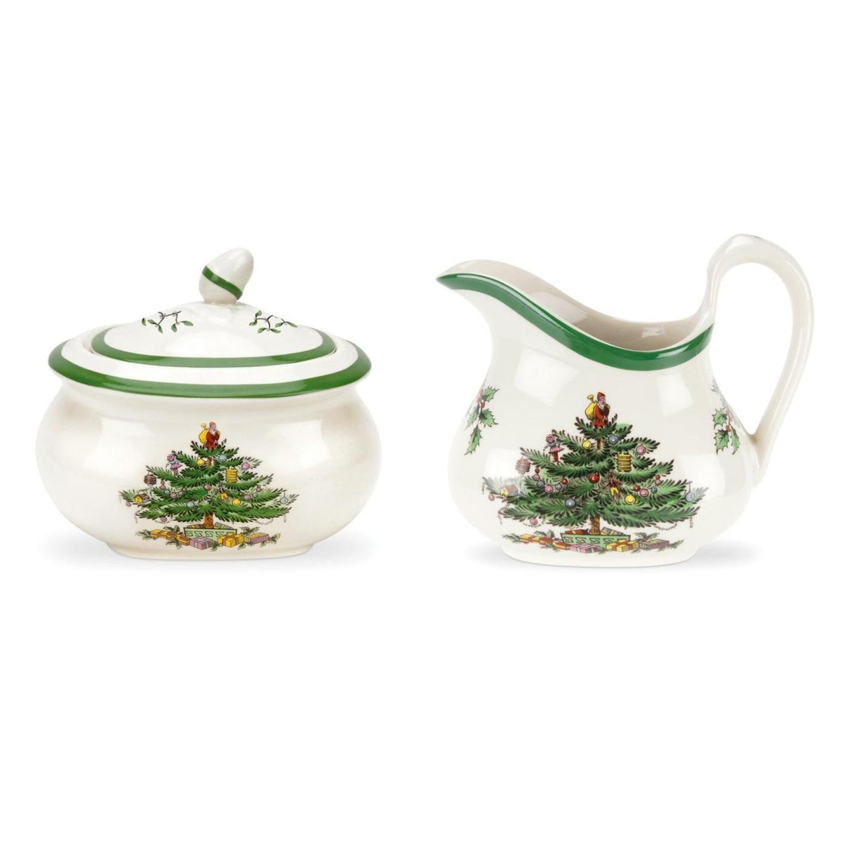 Spode sugar and creamer front view showing festive pattern and serving readiness