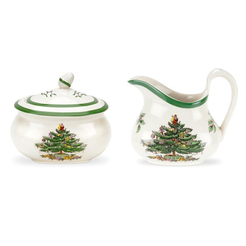 Spode sugar and creamer front view showing festive pattern and serving readiness