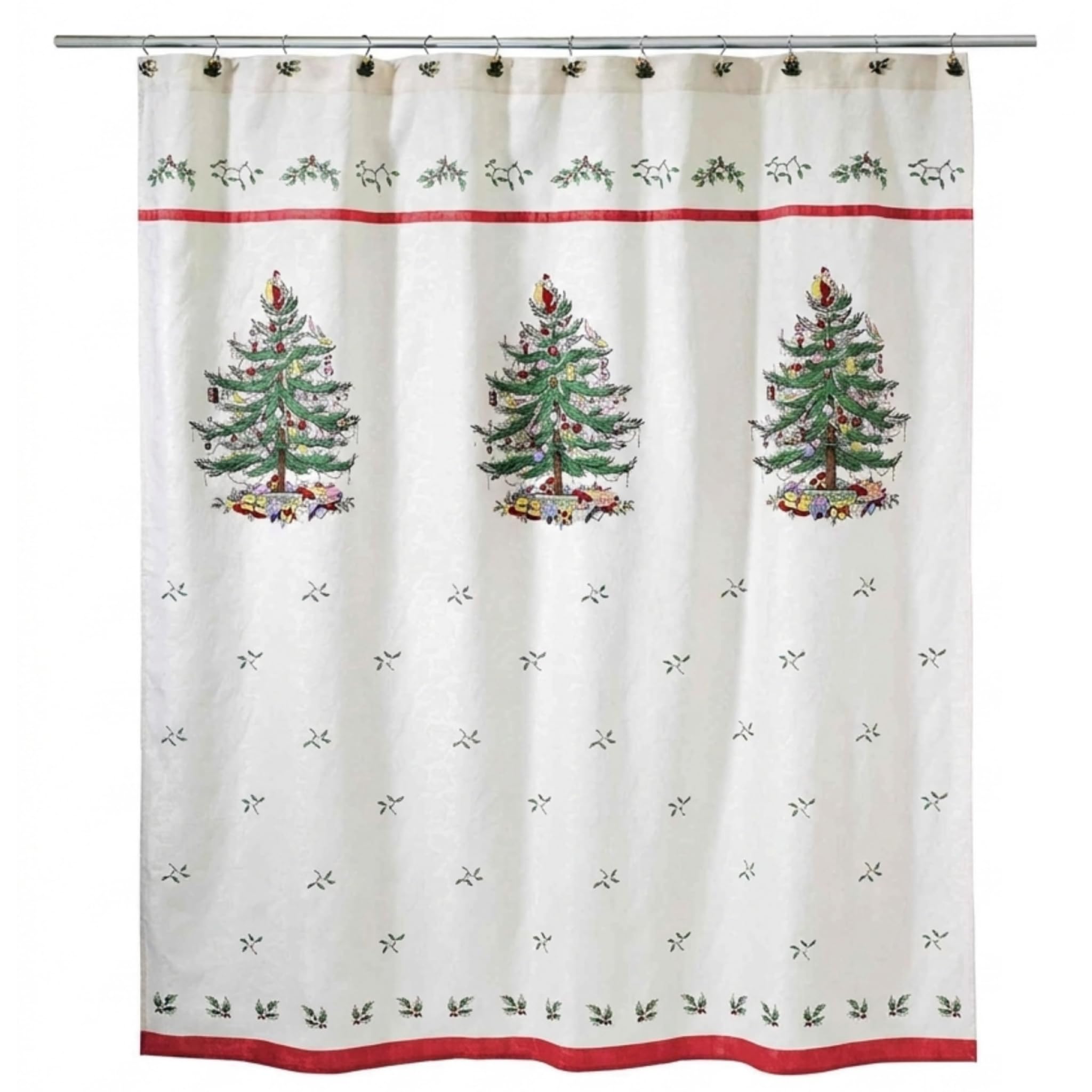 Spode front view of Christmas Tree curtain shows festive holiday scene and charm