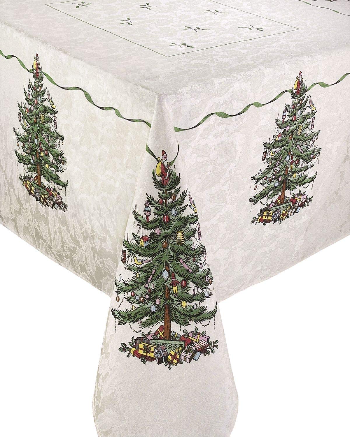 Spode tablecloth front view showing holiday tree border and elegant table styling