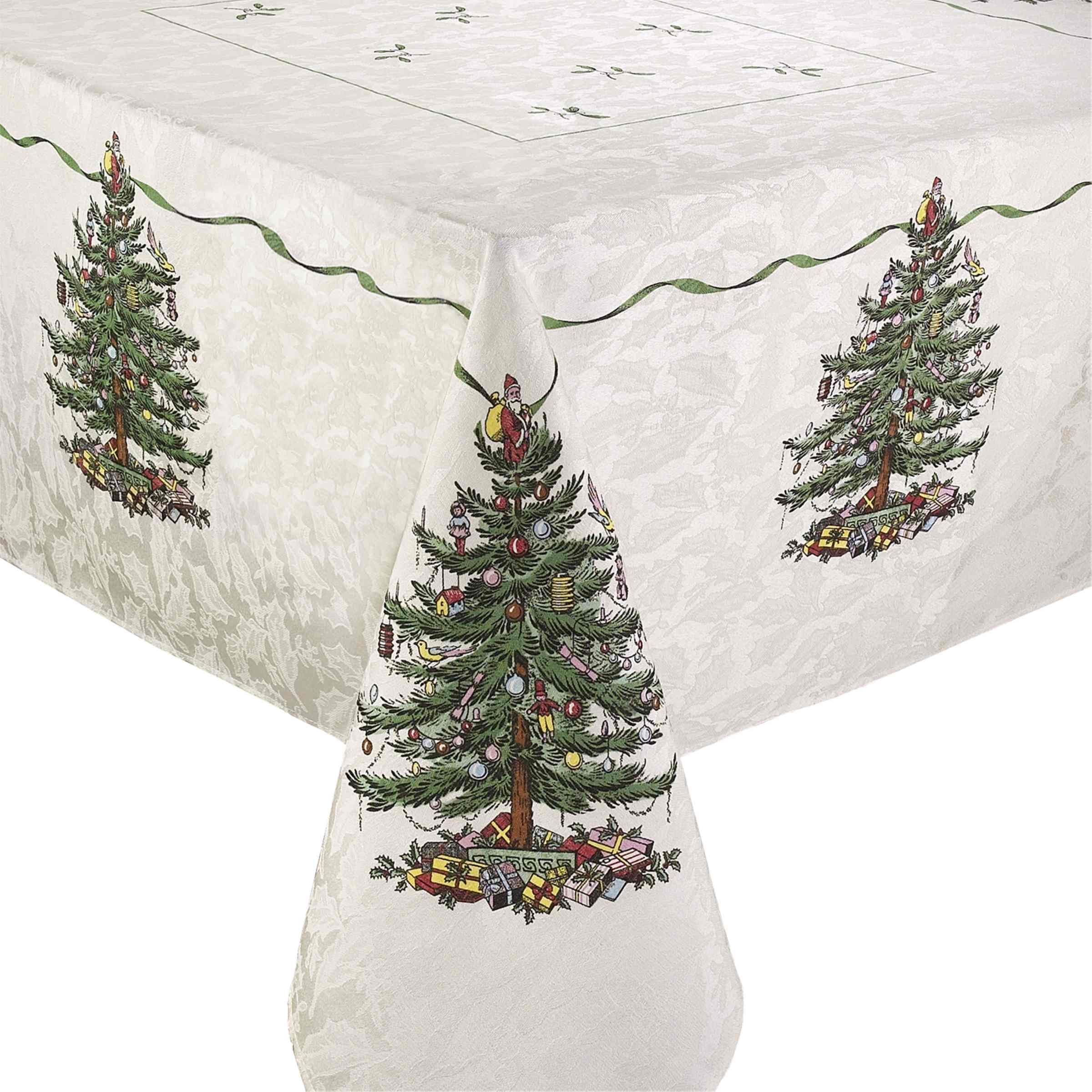Spode tablecloth front view with Christmas tree border for festive dining