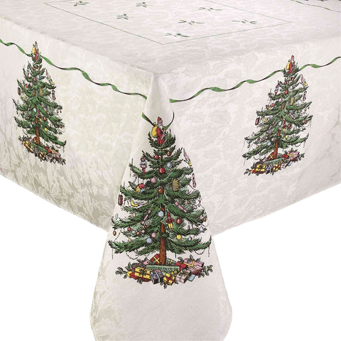 Spode tablecloth front view with Christmas tree border for festive dining