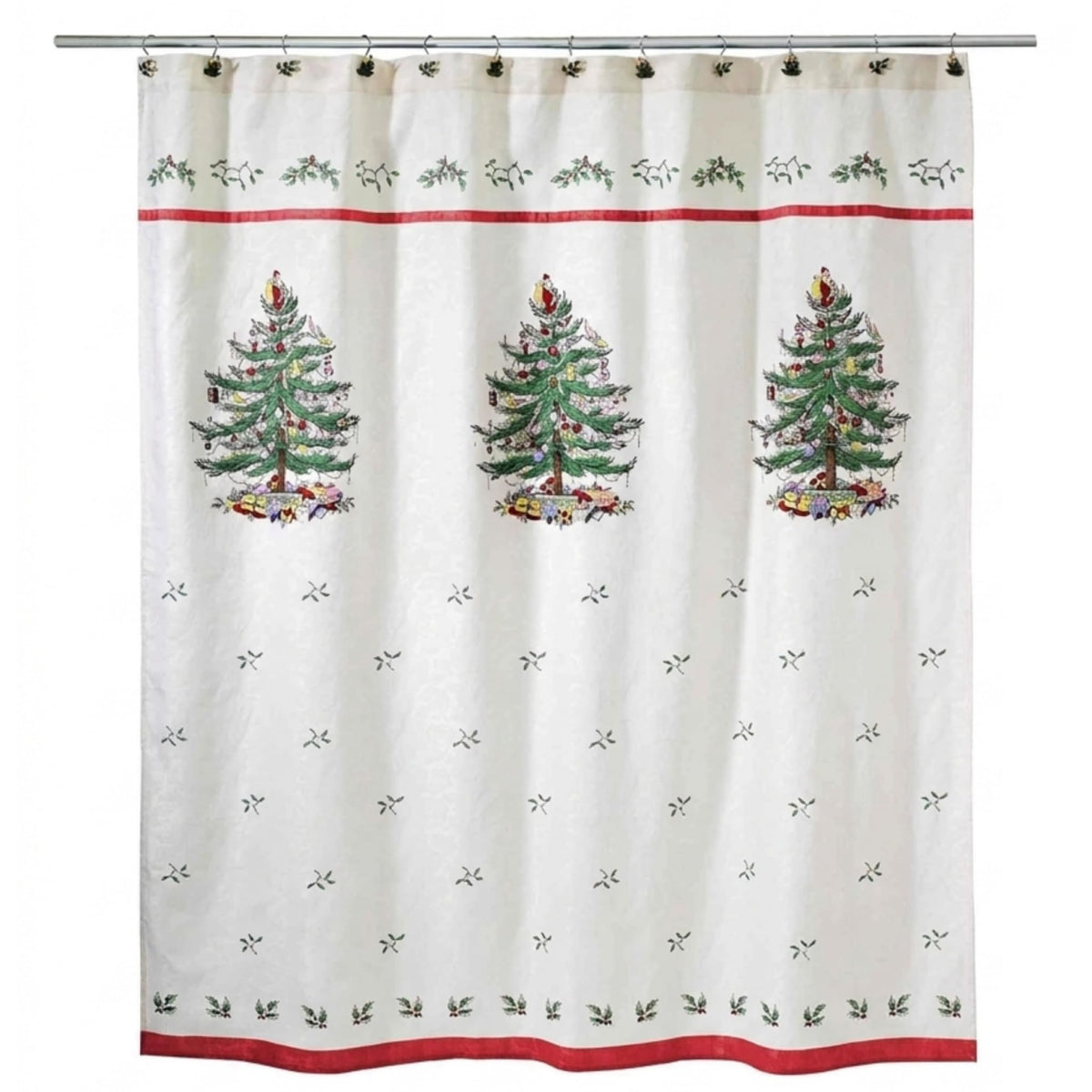 Spode front view of Christmas Tree curtain shows festive holiday scene and charm