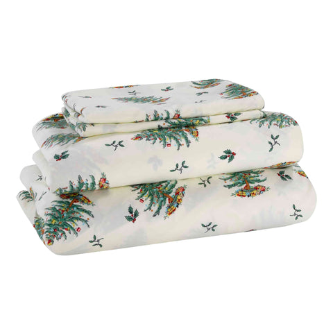 Spode front view of christmas tree king sheet set showing full design and festive benefit