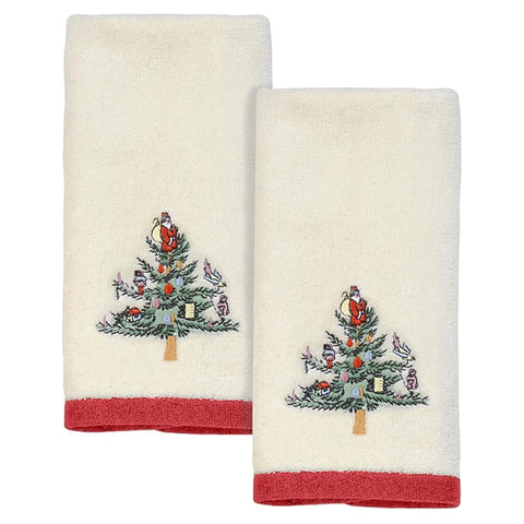 Spode towel front view showing Christmas Tree embroidery and festive appeal