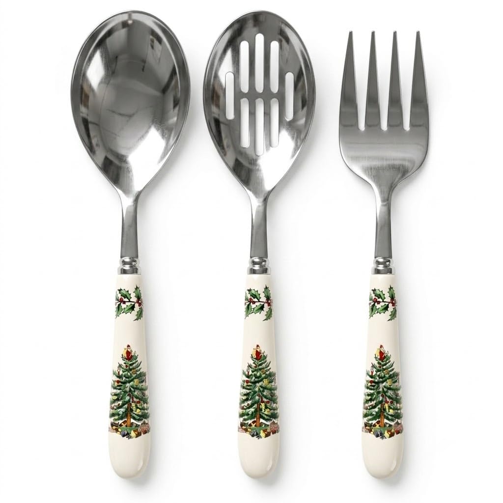 Spode Christmas Tree front view showing three-piece serving set and classic pattern benefit: festive presentation