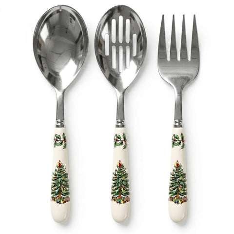 Spode Christmas Tree front view showing three-piece serving set and classic pattern benefit: festive presentation